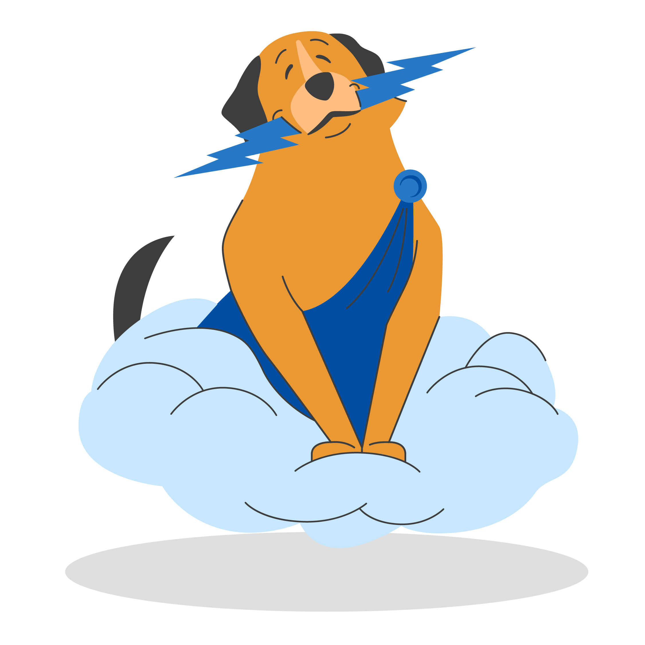 animated brown dog sitting on a cloud wearing a blue toga with a blue lightning bolt in mouth