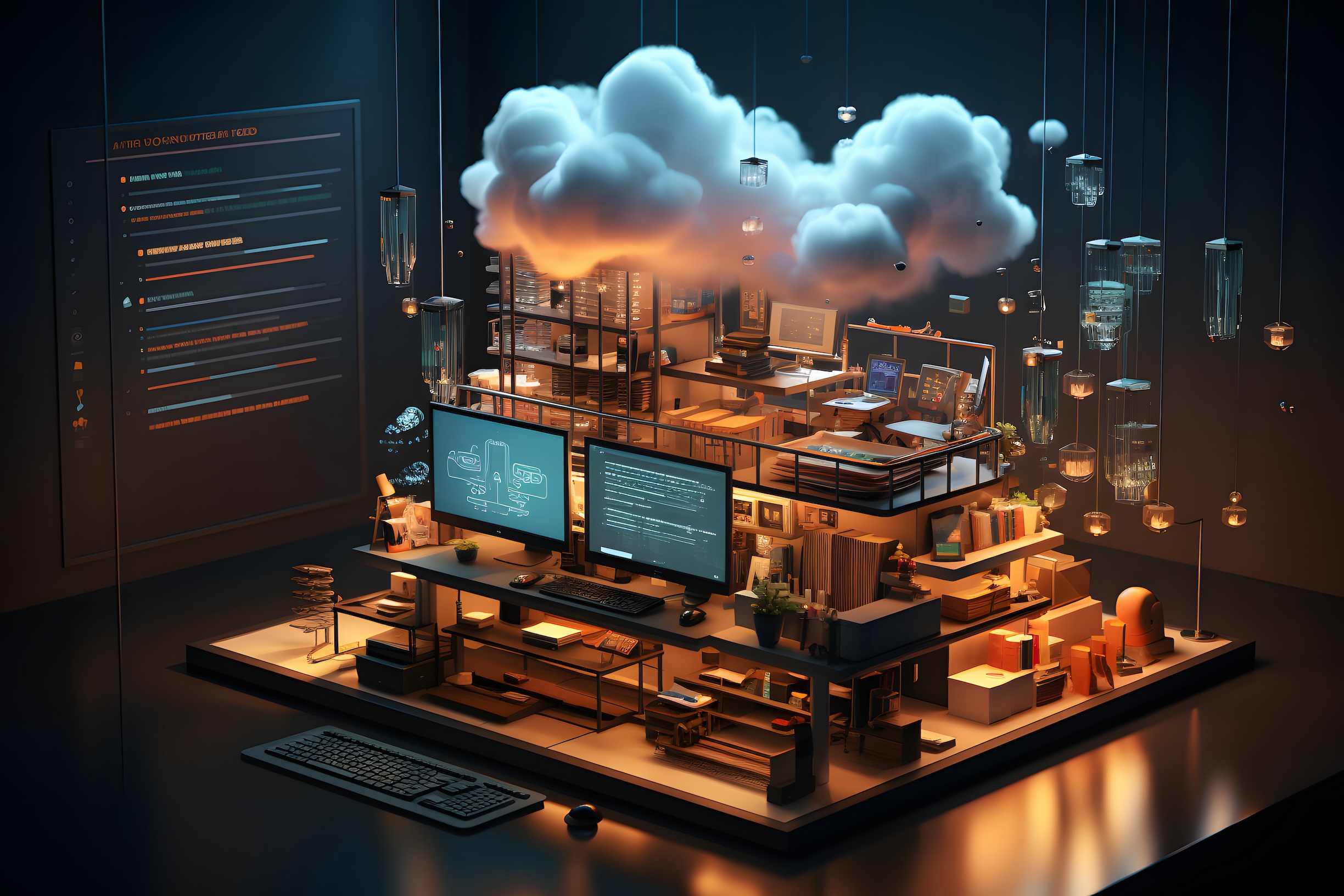 Futuristic Workspace With Computers And Clouds
