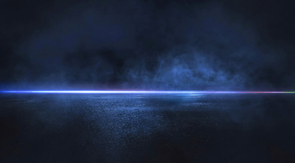 blue and purple glowing line across dark blue mist