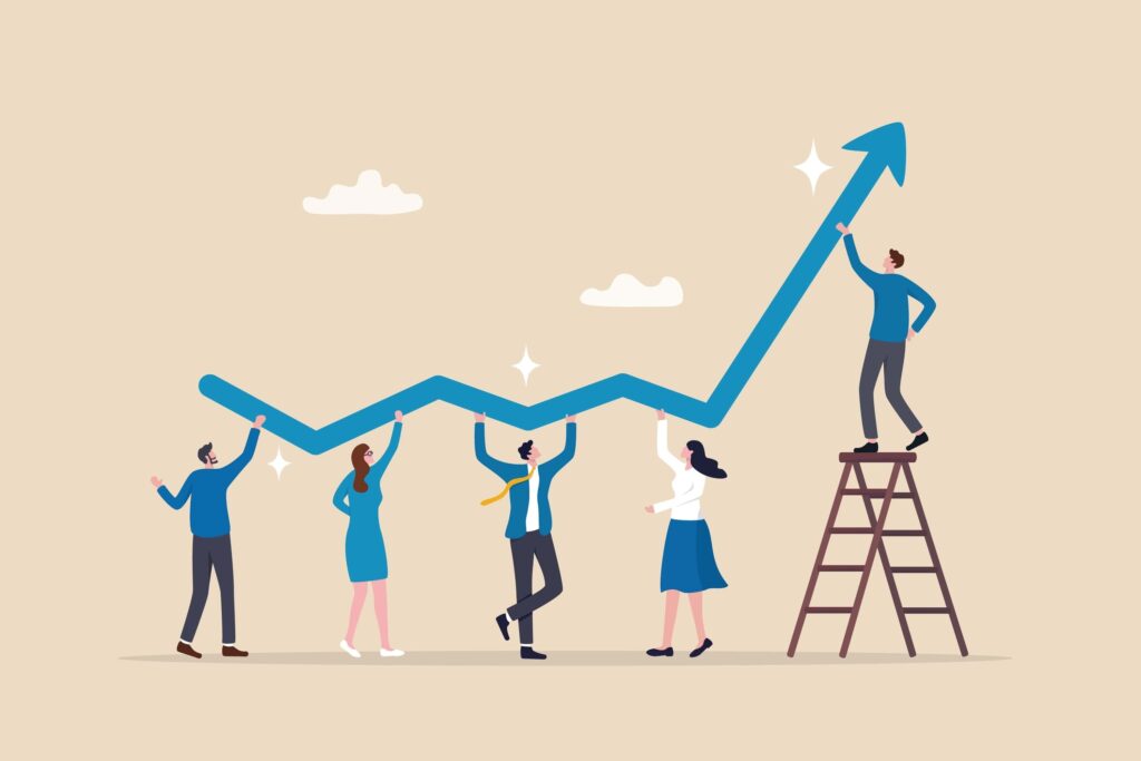 a group of people holding up a growth arrow