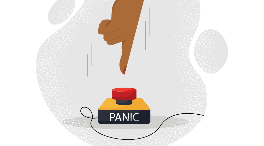 Illustration of a hand about to press a red panic button, symbolizing IT emergencies or unplanned tech crises in small businesses.