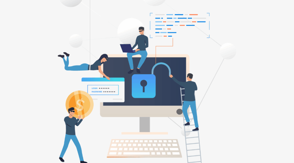 Illustration of cybercriminals breaching a computer system, accessing login credentials and financial data, symbolizing cybersecurity threats and the importance of endpoint protection.