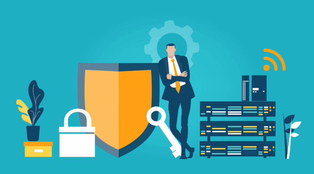 Businessman leaning on shield with servers, lock, and key representing cybersecurity and IT protection